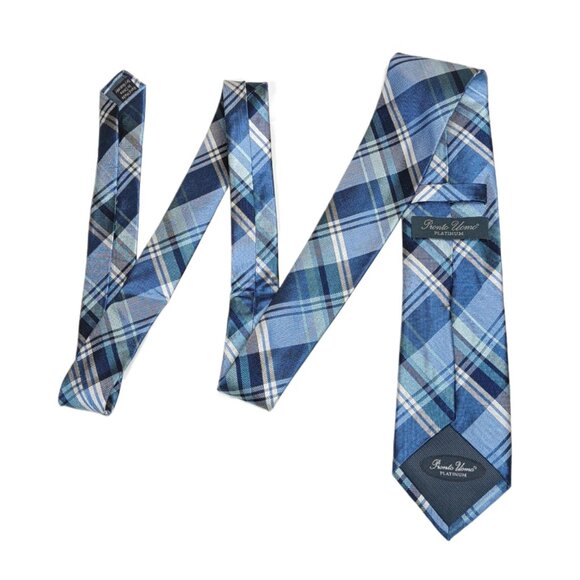 Pronto Uomo Silk Tie Men’s 60” Blue Gray Plaid Western Preppy Corpcore Classic - Picture 3 of 4